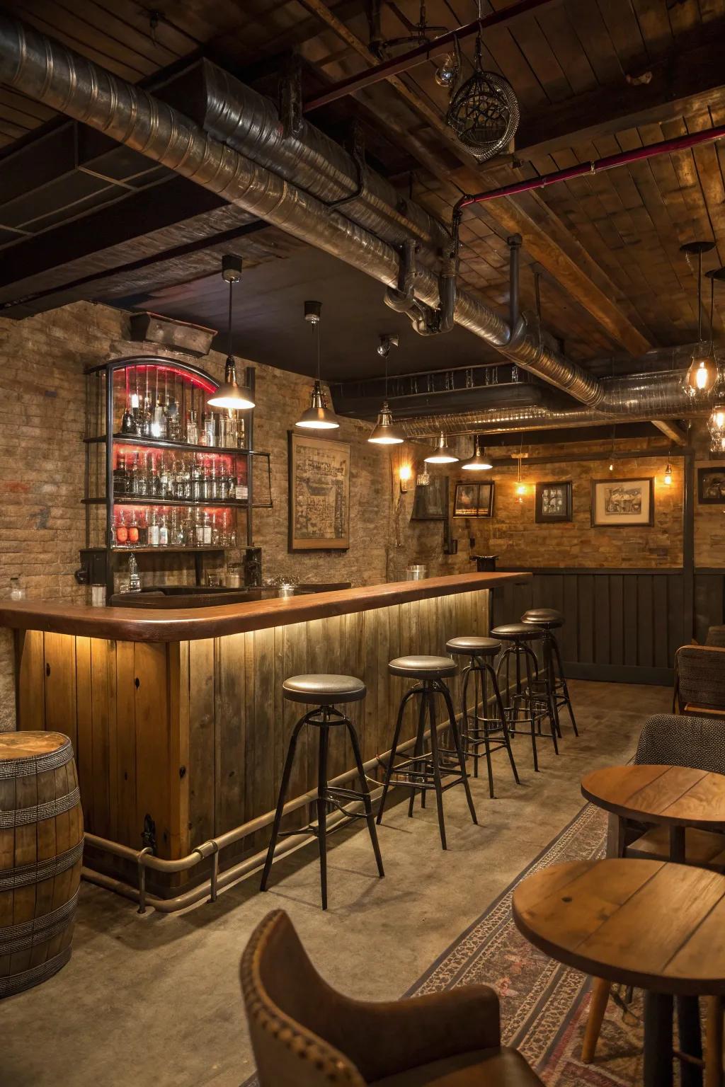 Metal and wood elements crafting a harmonious country-industrial style.