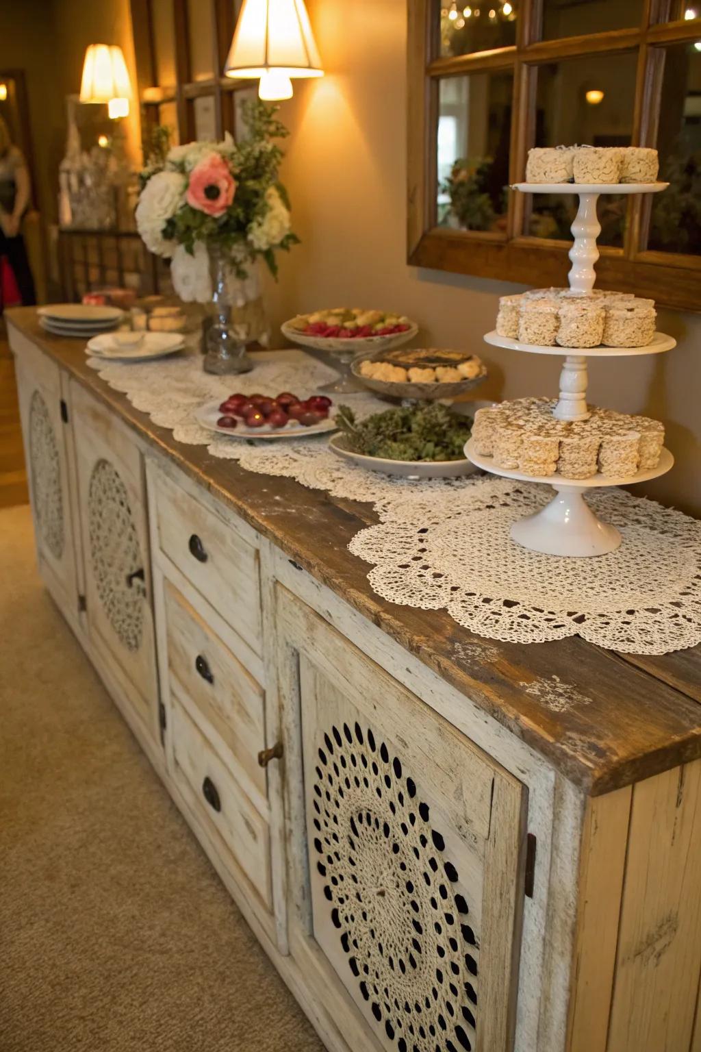 Classic lace cloths add a touch of nostalgia to the rustic arrangement.