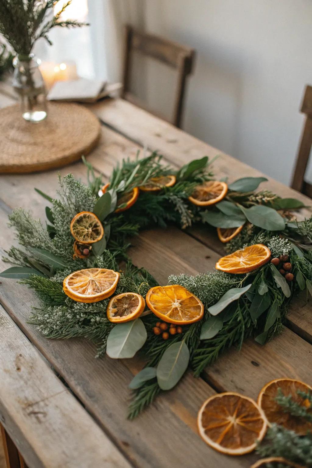 Dried oranges bring color and scent to this rustic wreath.