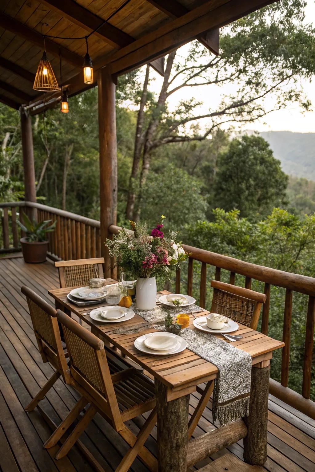 A wood dining table invites outdoor meals on this deck.