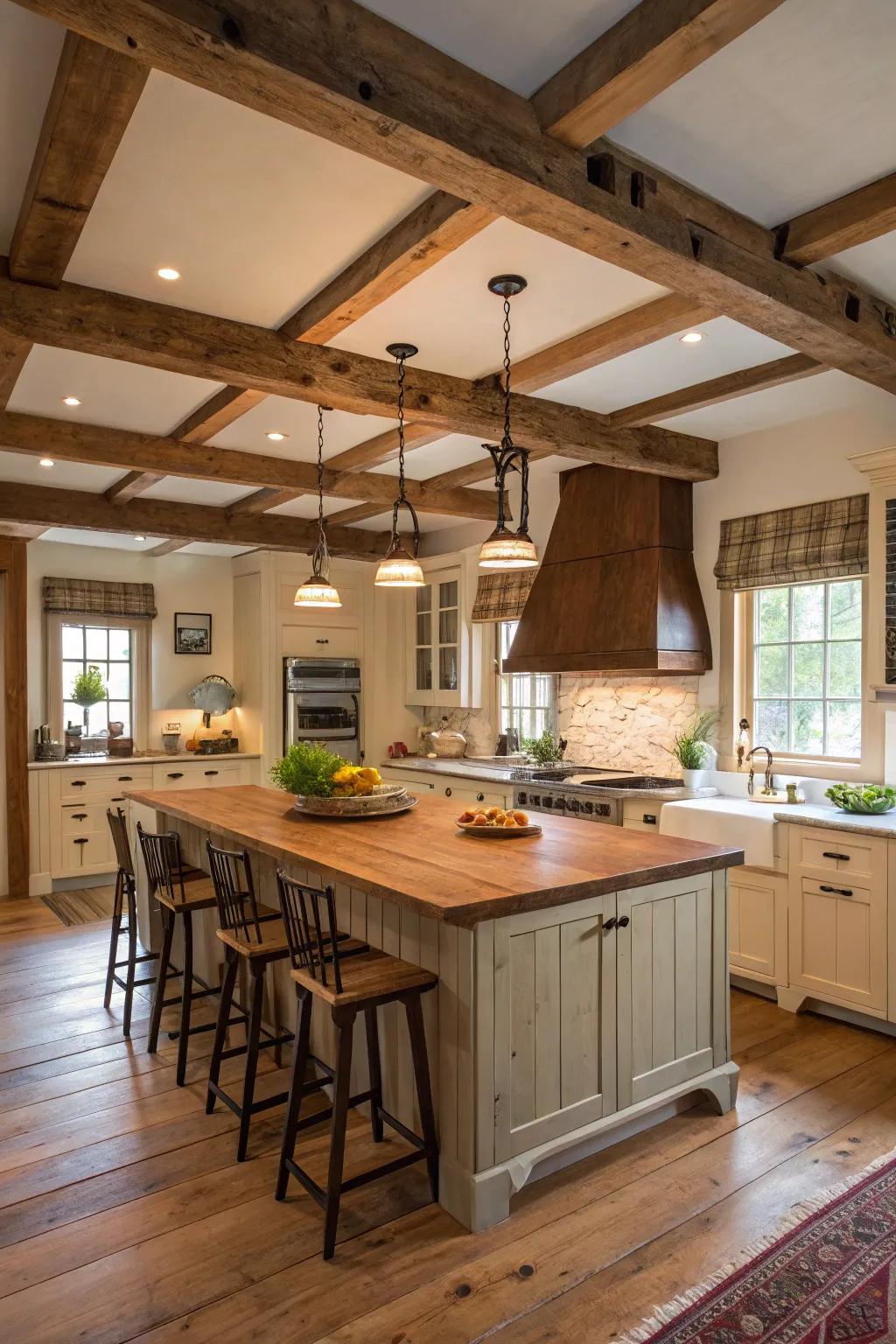 A countryside kitchen featuring an island and exposed architectural ceiling beams.