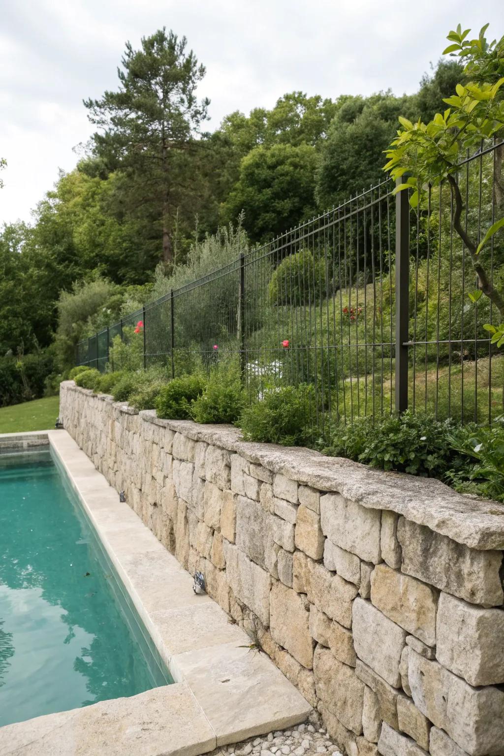 A robust organic stone wall providing country enclosure for the pool.