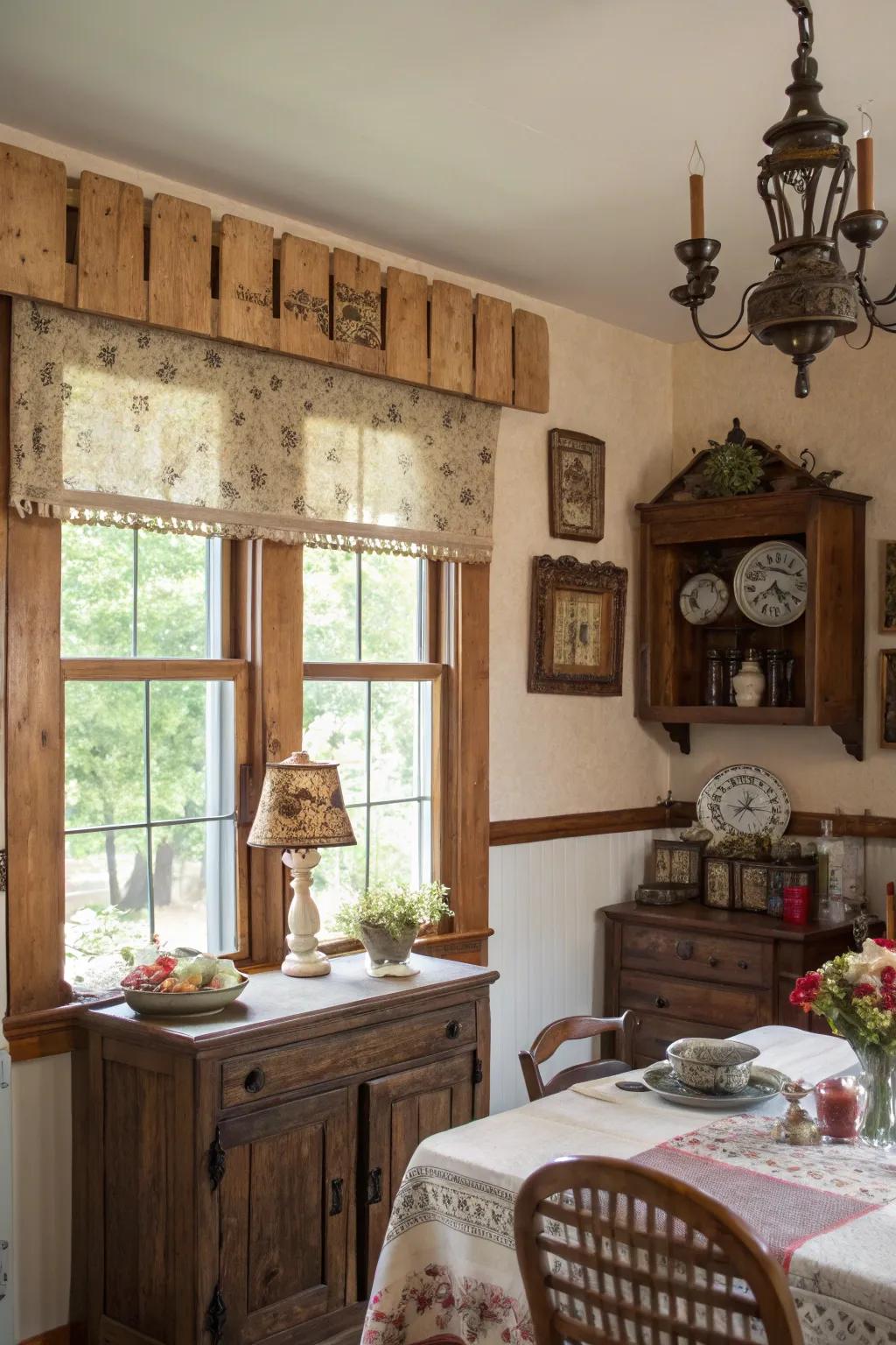 An unrefined dining space featuring a valance fashioned from pallet timber, showcasing a creative upcycling endeavor.