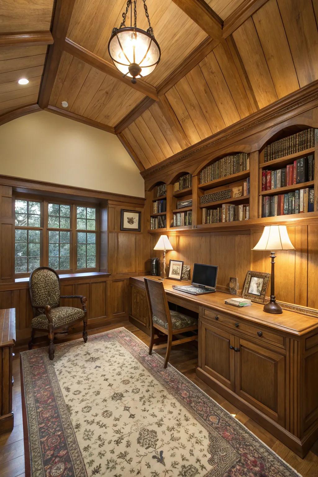 Wood on ceilings produces warmth and a soothing appeal.