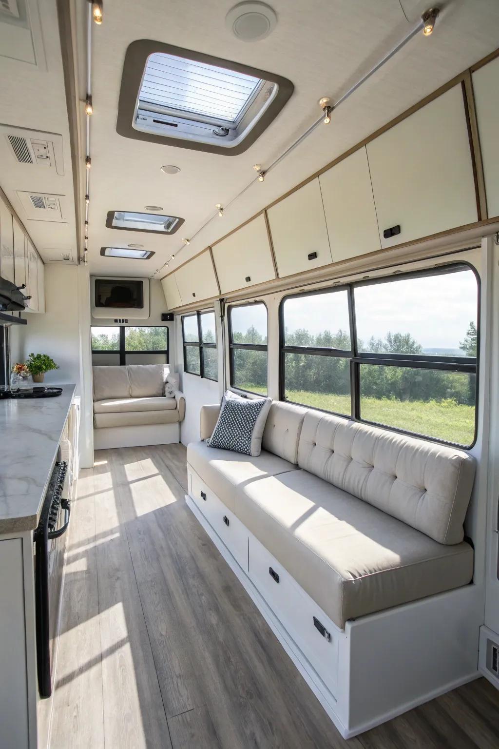 Floating sofas create an open and airy feel in an RV.