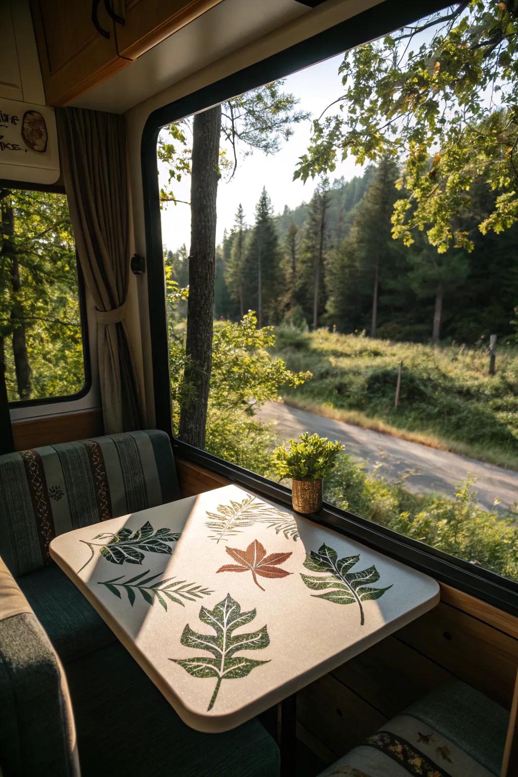 Nature-inspired tables introduce a whimsical element to your RV.