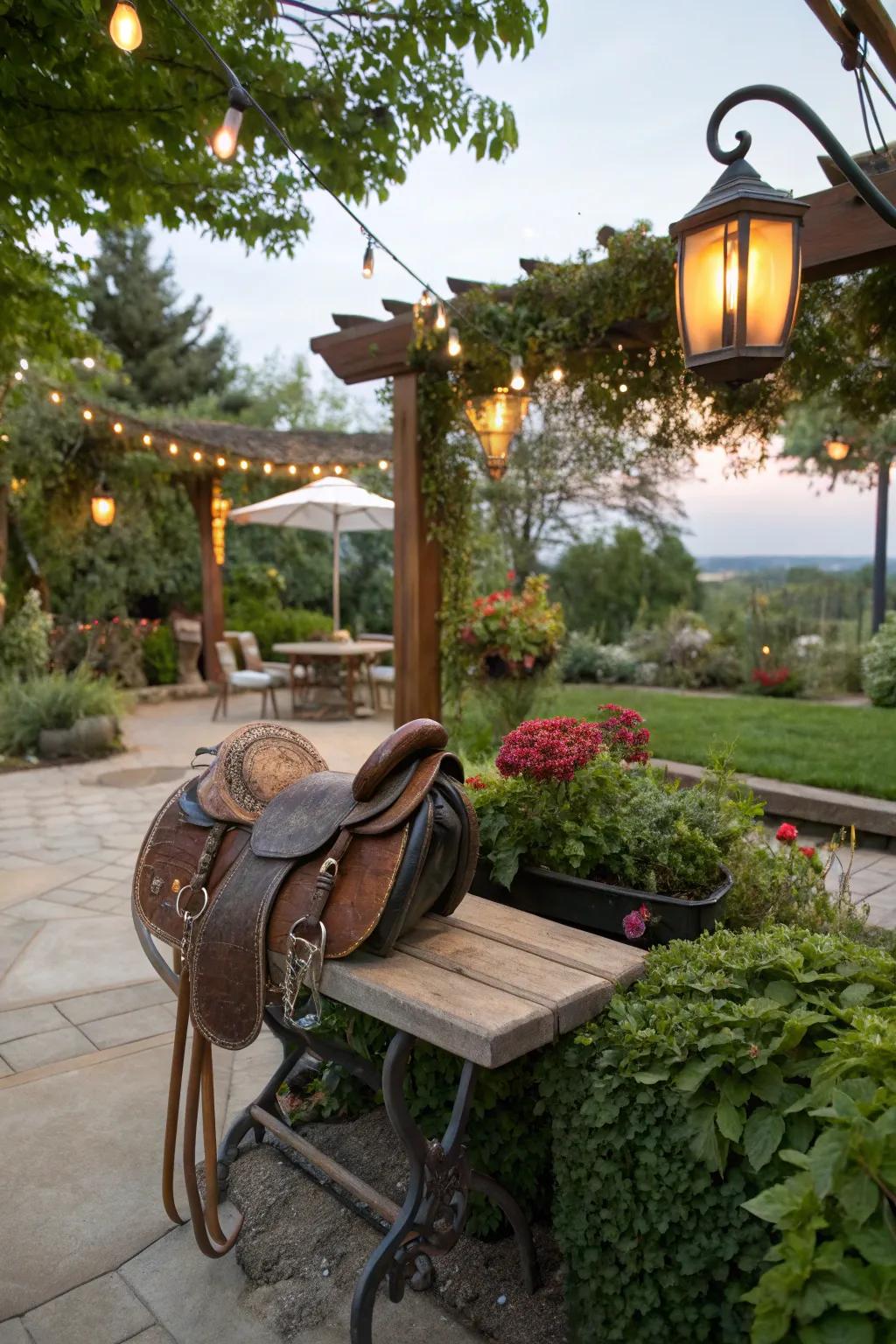 Equestrian benches deliver countryside seating on this delightful garden patio.