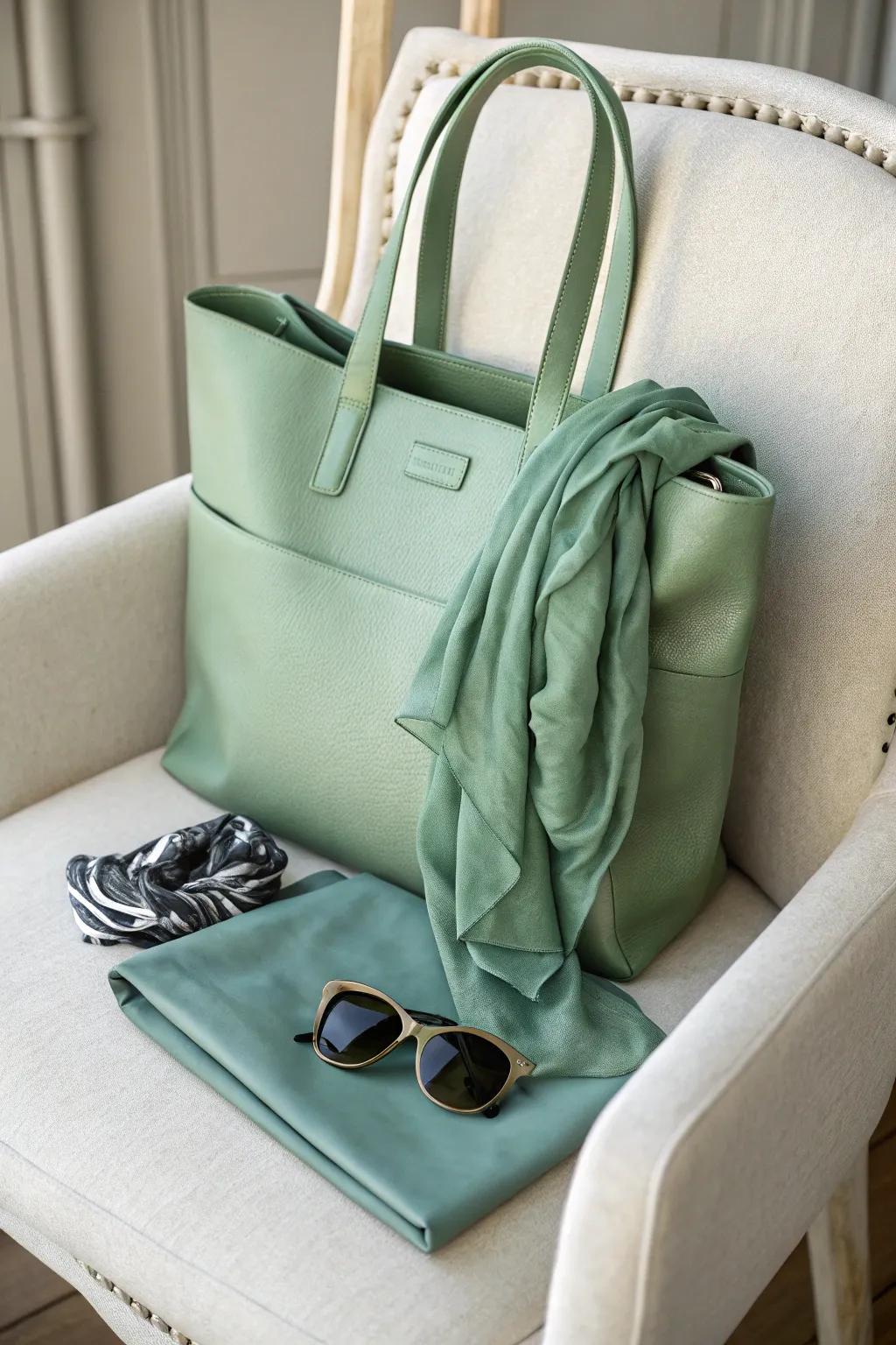 A sage green carrying bag presents style and versatility for use on the go.