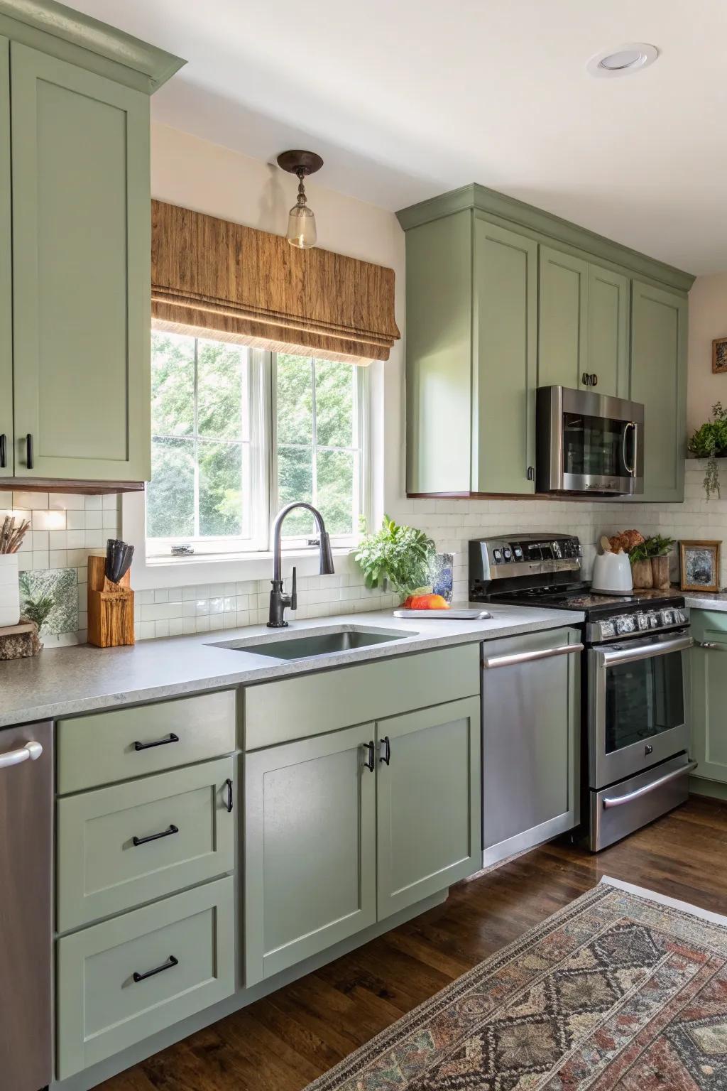 Modern appliances merge beautifully with green tea cabinetry.