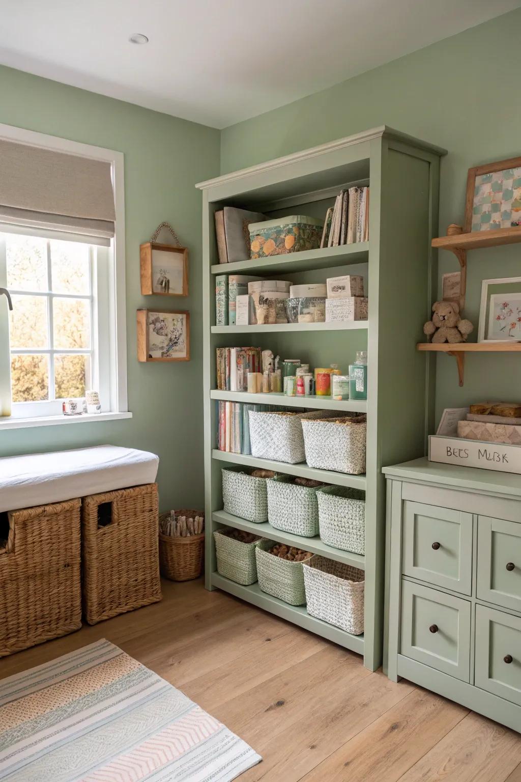 Functional storage solutions maintain tidiness and style in a soft leaf green nursery.
