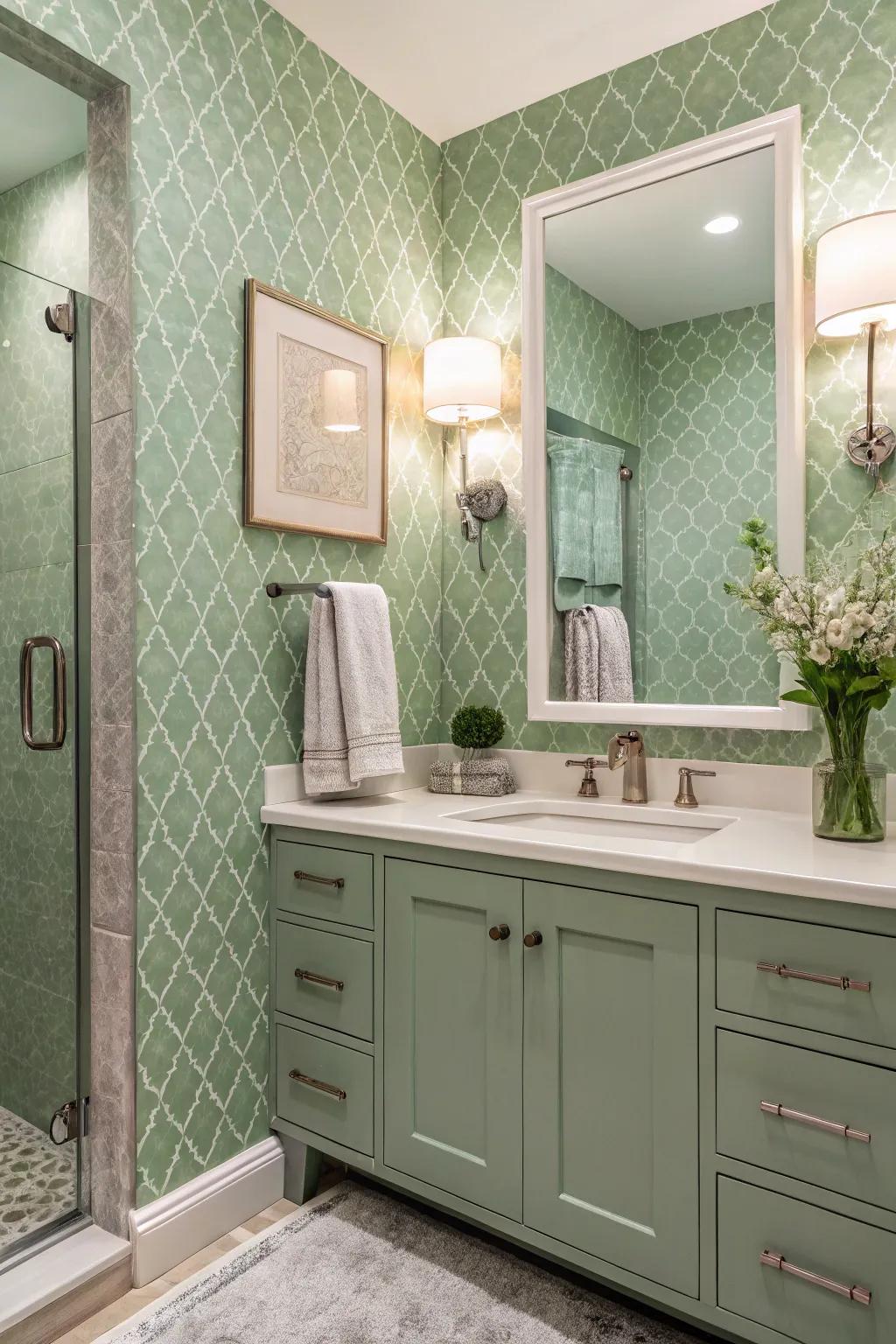 A bath showing willow tint wall covering that adds charm and personality.