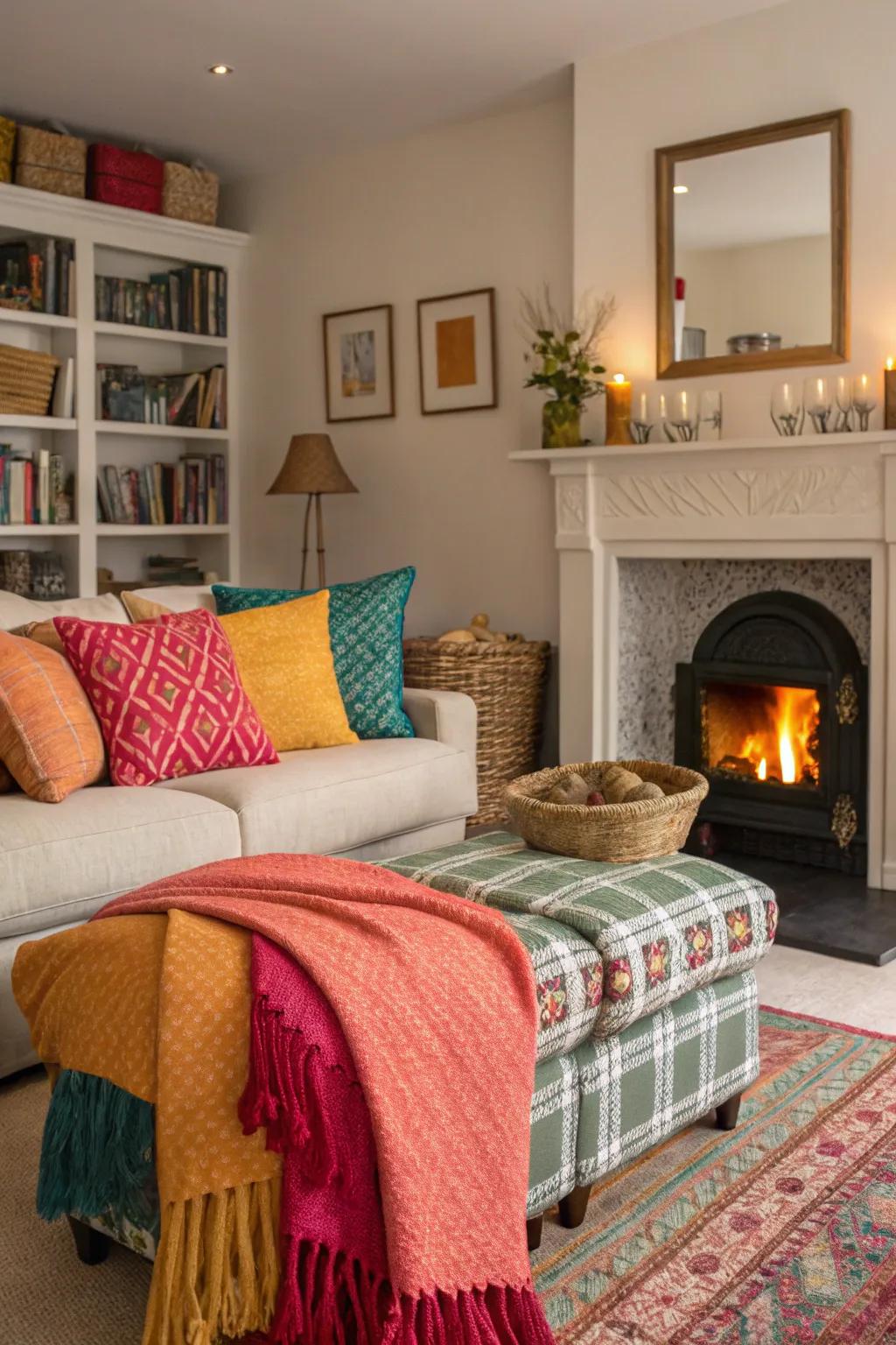 Throws and cushions contribute comfort and a hint of color to the fireplace zone.