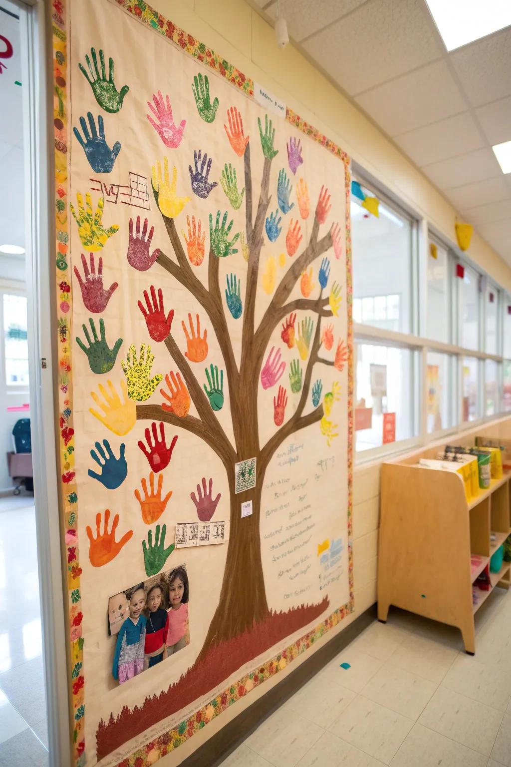 A kindness tree display board formed from handprints.