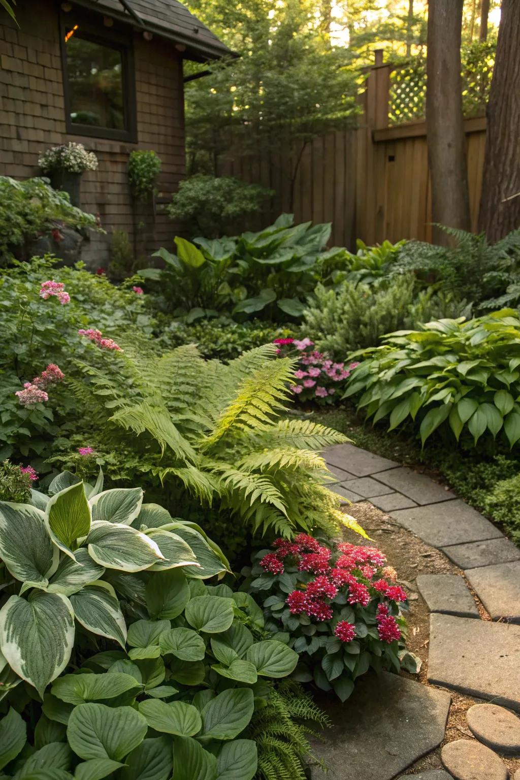 Contrasting textures imparting drama to a shaded garden.