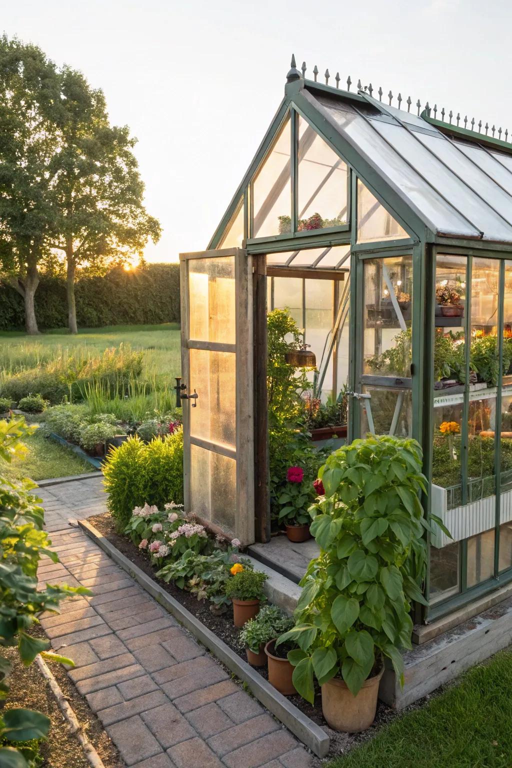 A garden shed transformed into a miniature greenhouse.