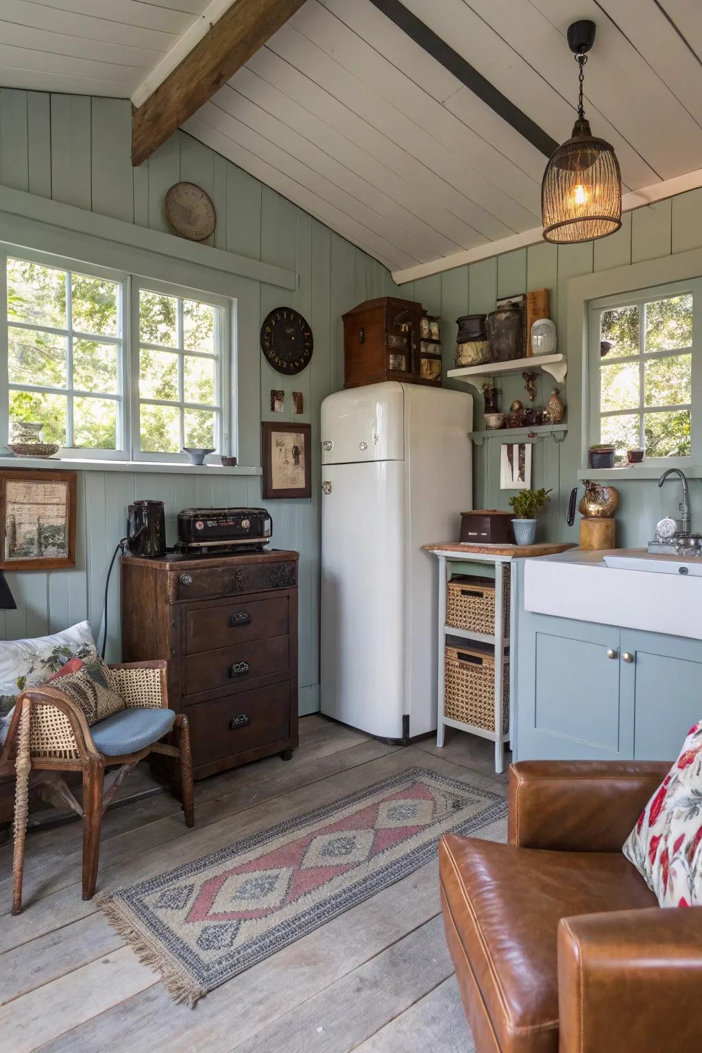 A shed home interior combining modern and classic décor styles.