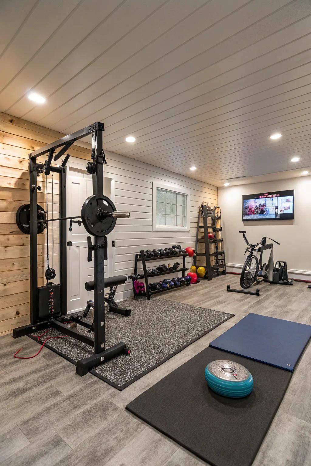 A fashionable fitness zone situated in the basement exhibiting paneling walls.