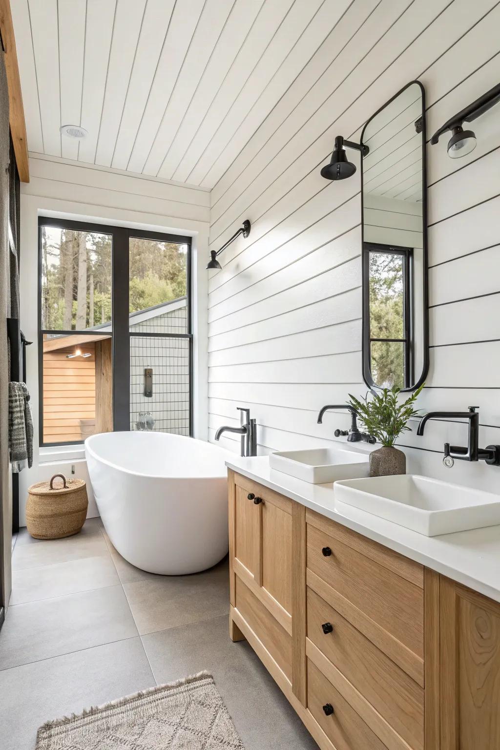 A bathroom featuring plank cladding and modern fixtures for a stylish blend.