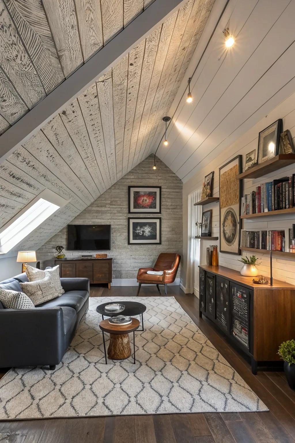 A dynamic ceiling showcasing layered shiplap styles.