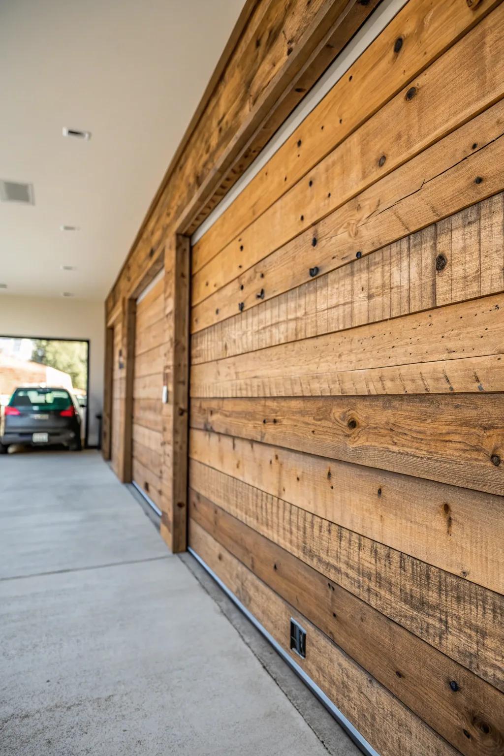 A garage wall with rustic repurposed timber paneling.