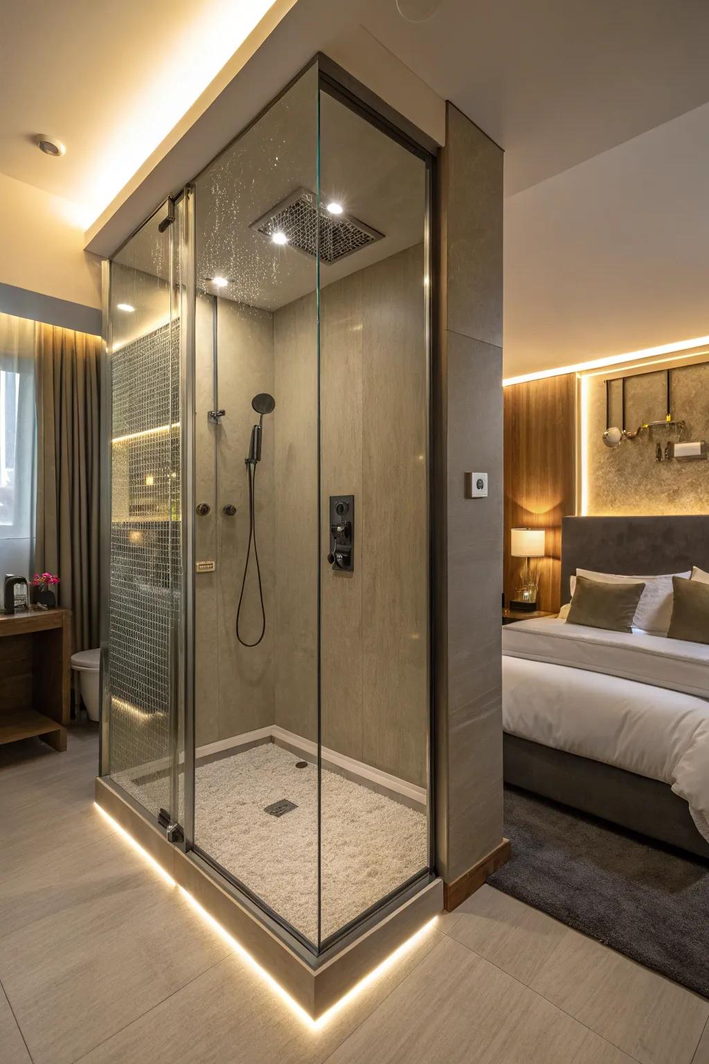 Integrated lighting highlights the shower space and improves the mood.