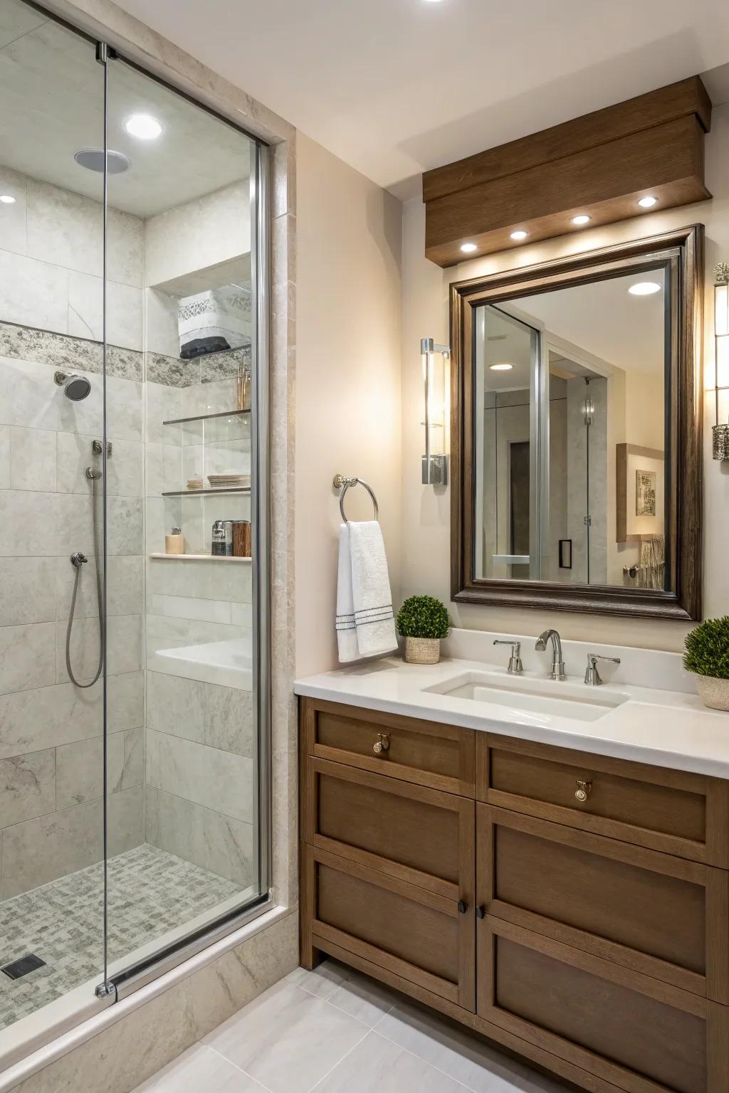 Integrated mirror inside a shower niche for practicality and style