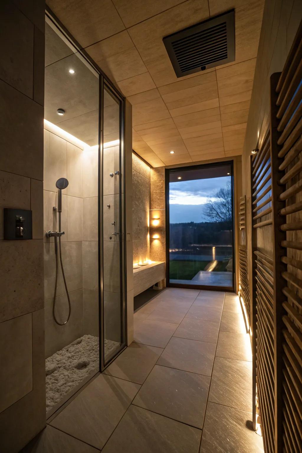 A shower room with mood lighting to enhance the ambiance.