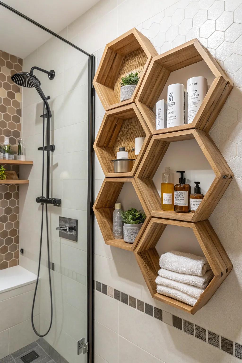 Hexagonal shelves introduce a contemporary geometric design to your shower.