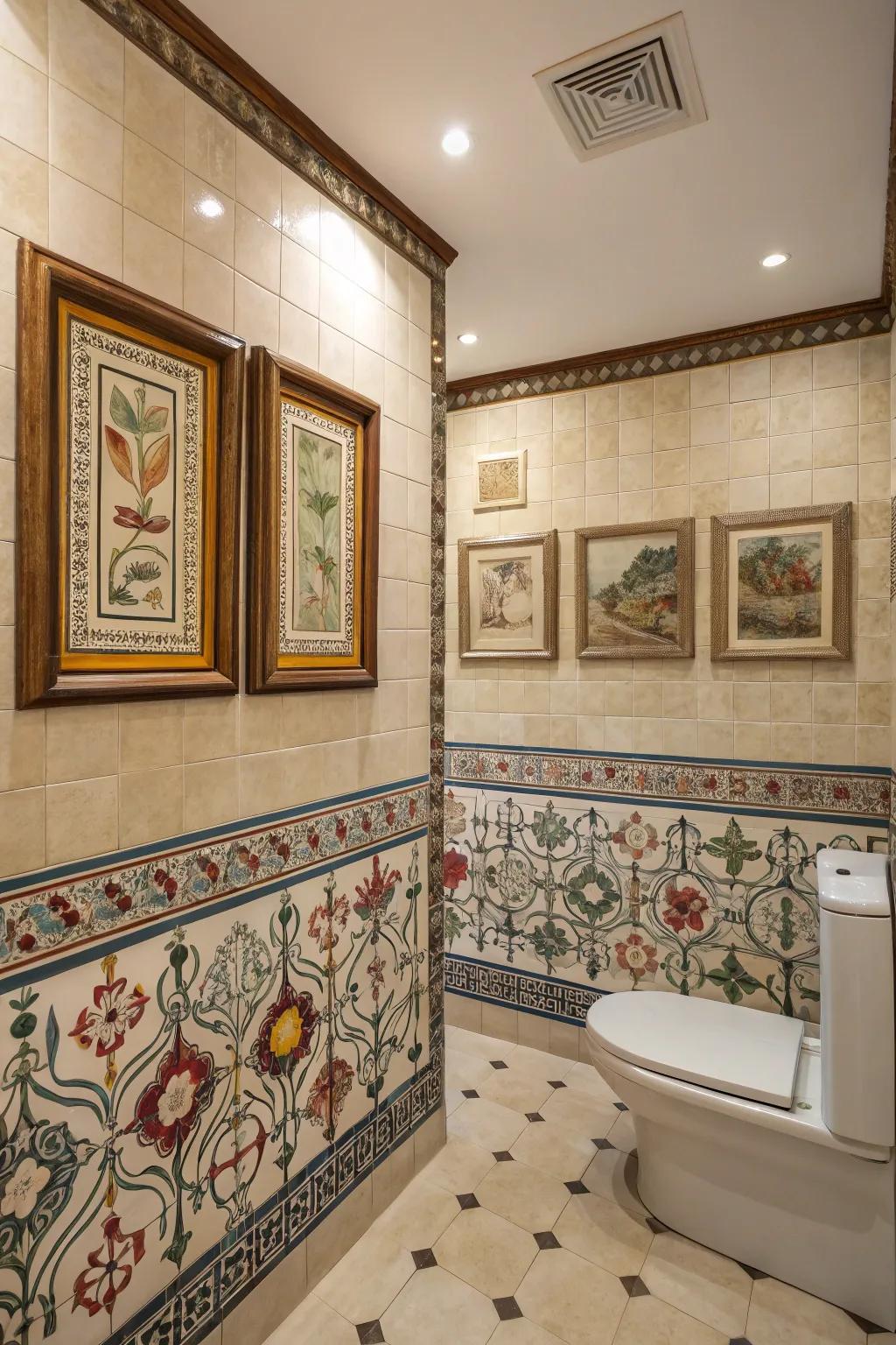 Artistic elements transform this bathroom into a visual masterpiece.