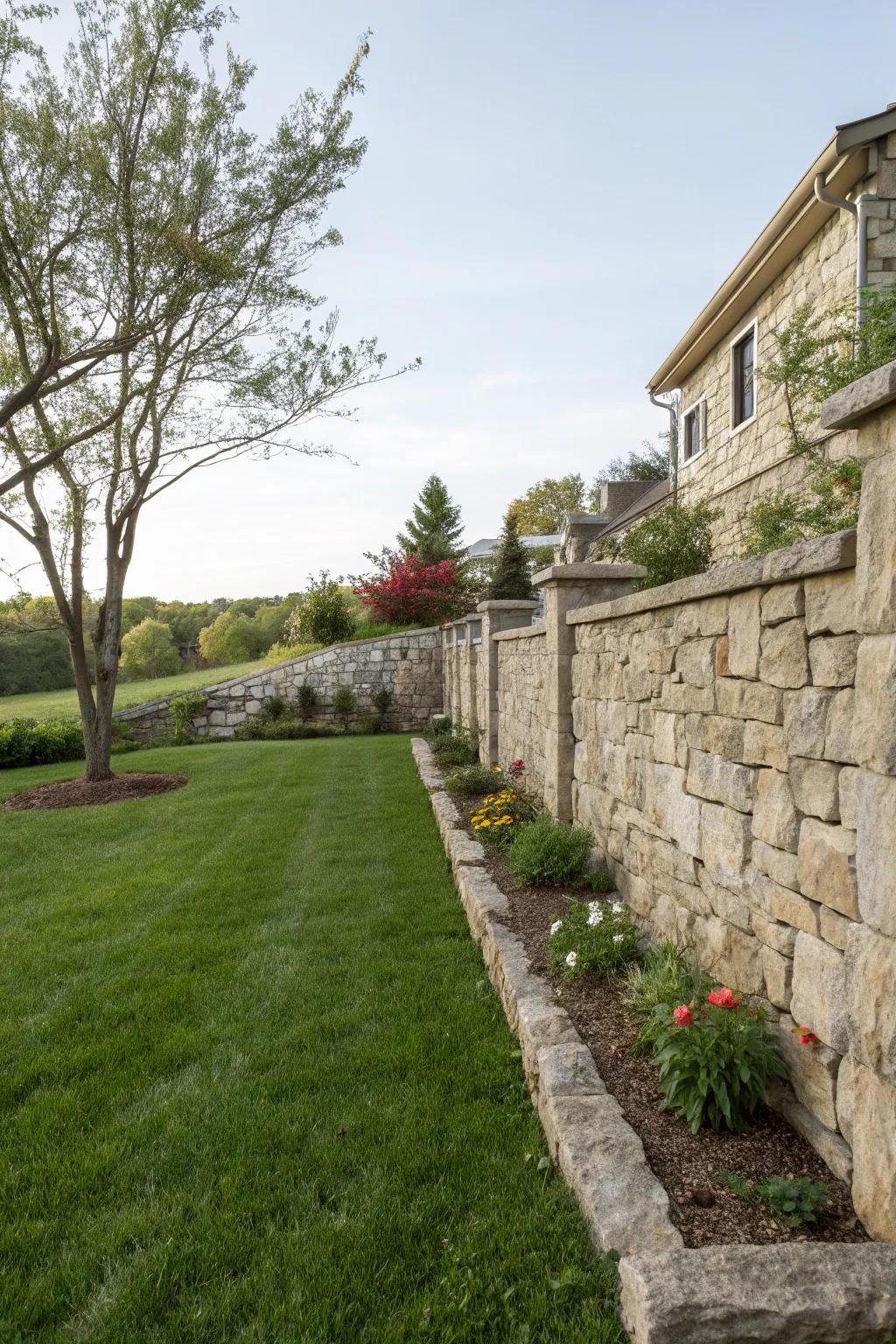Elegant side yard with a natural stone wall.