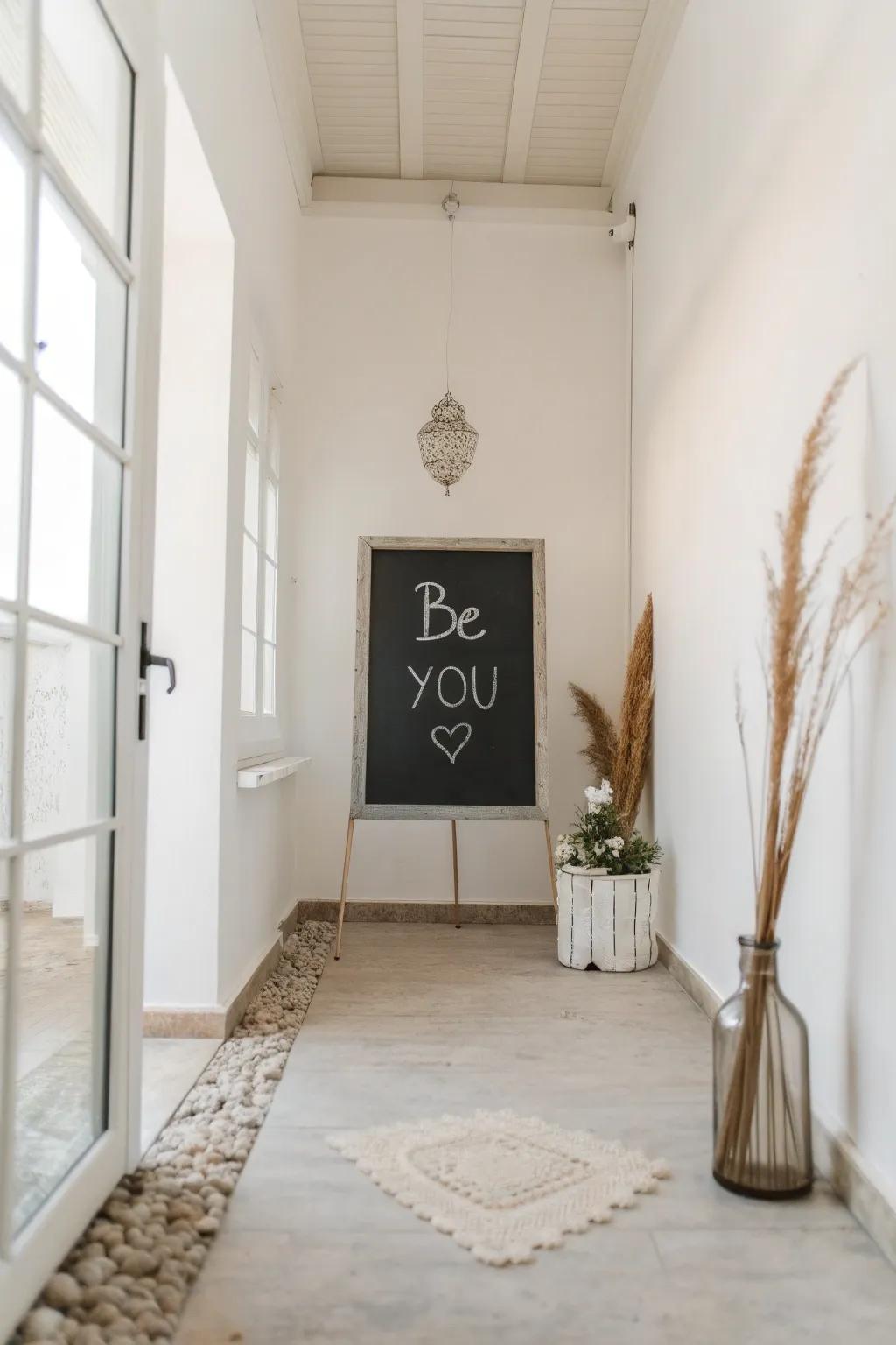 A minimalist space featuring a chalkboard quote that encourages 'Be you'.
