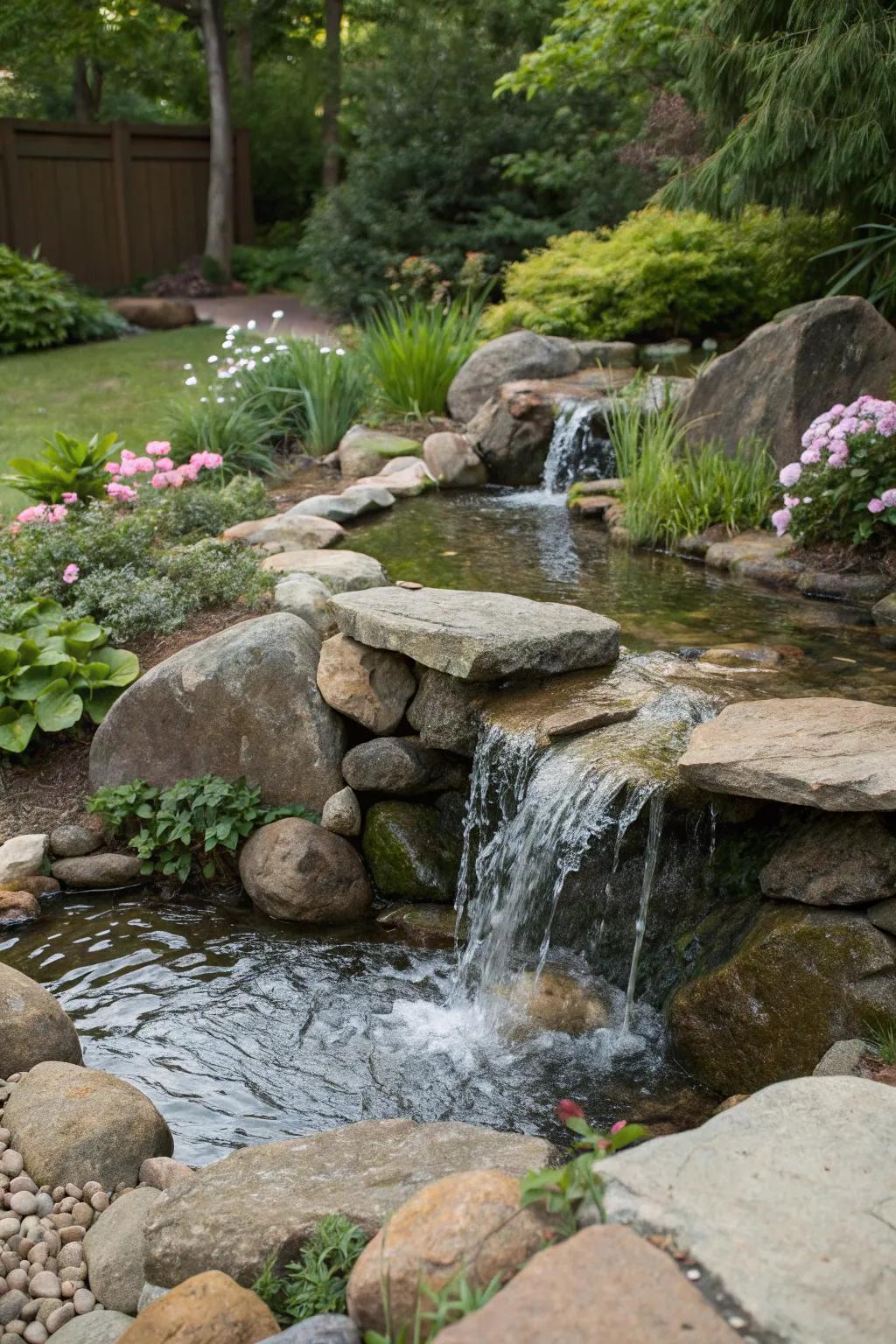 Water features amplify rock gardens with both sound and movement.