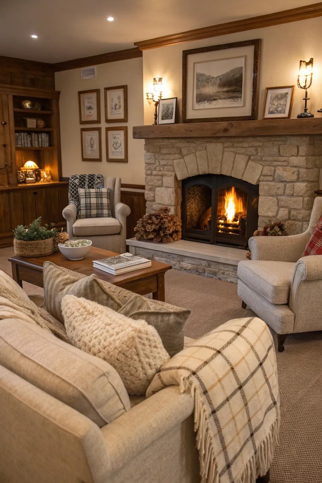 A cozy setup with the fireplace at the core.