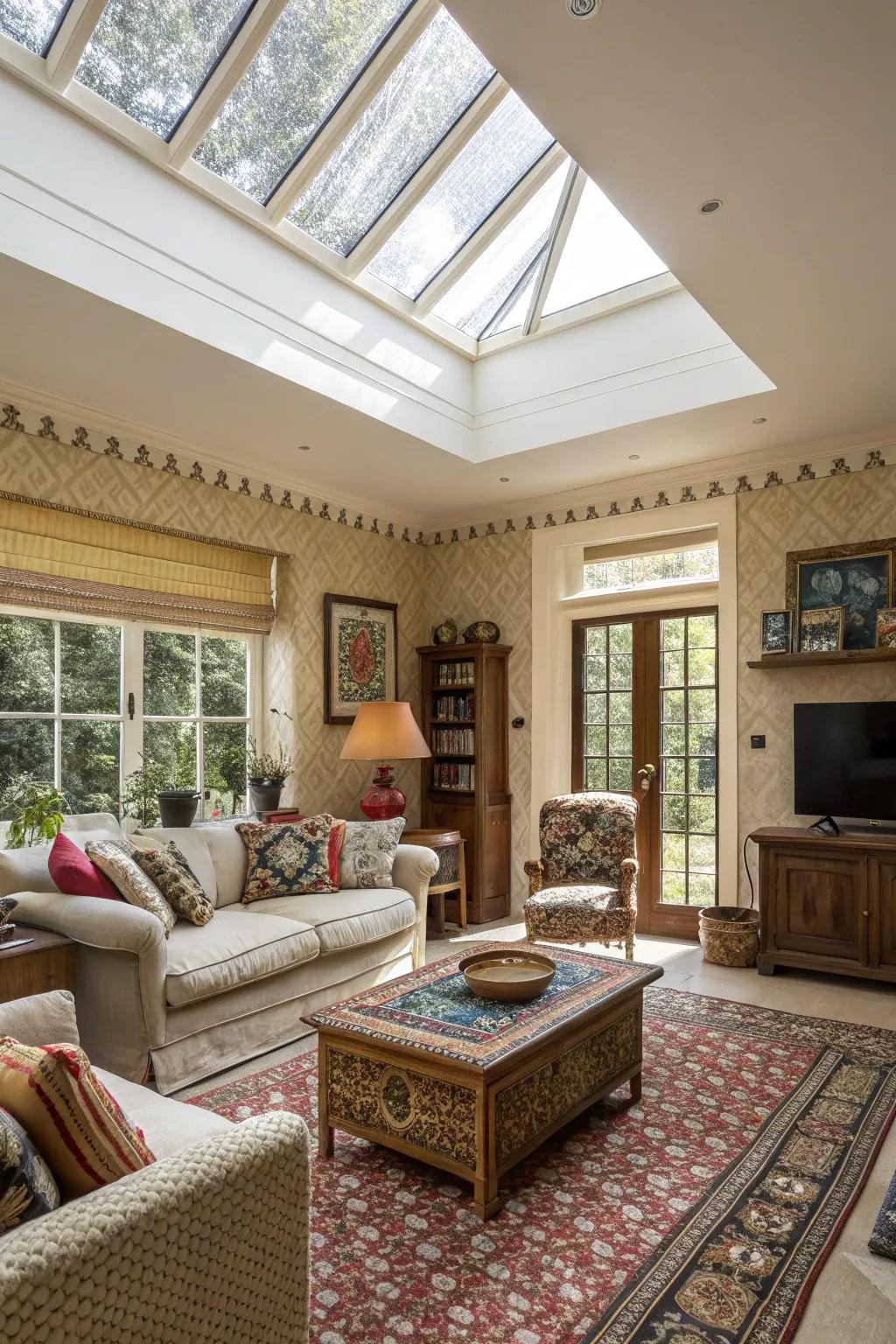 A chic living room where the skylight features an artful blend of layered trim styles.