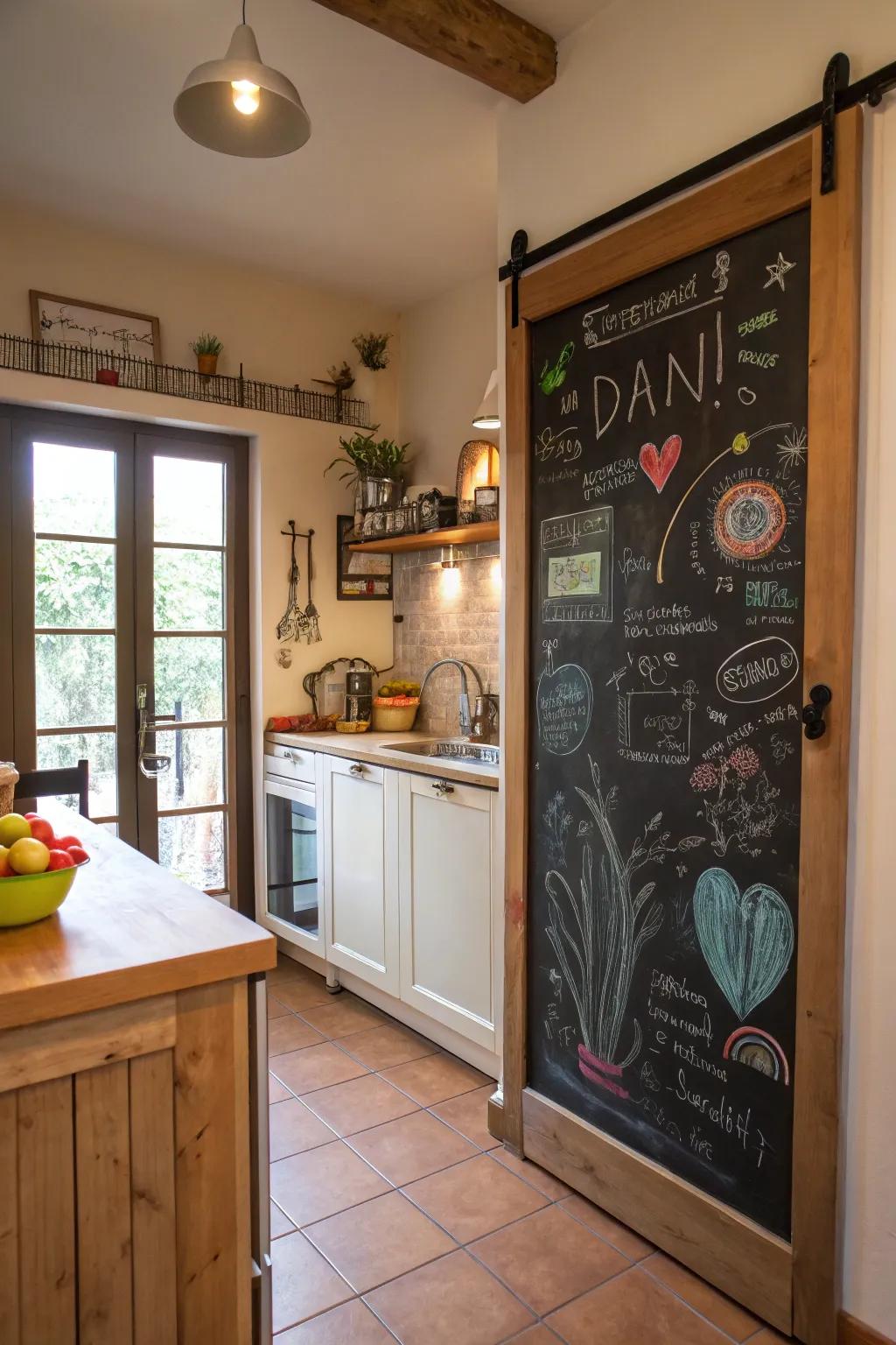 This chalkboard sliding door adds a whimsical touch to this kitchen.
