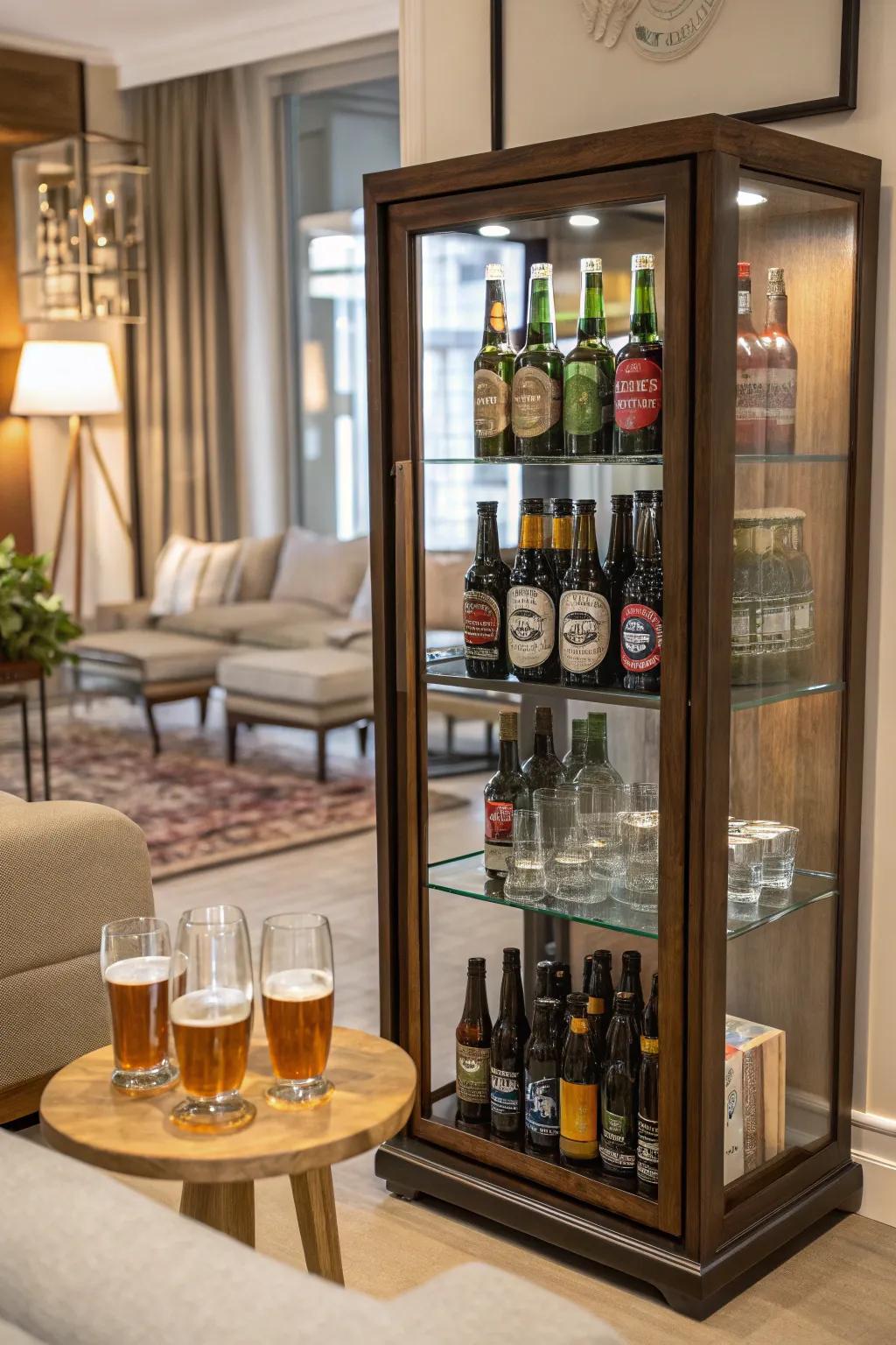Sophisticated glass cabinet display for beer enthusiasts.