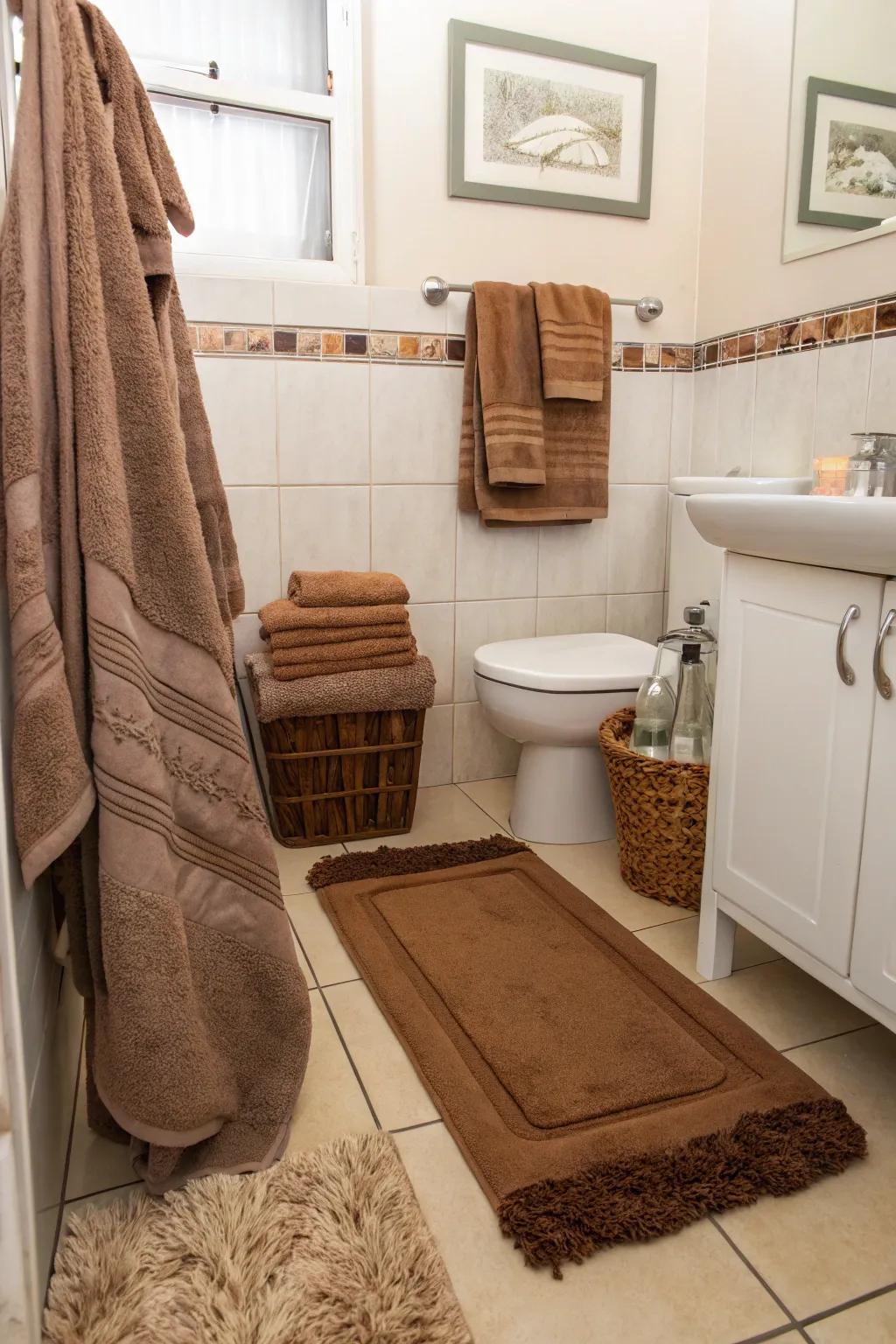 Soft brown towels and rugs enhance warmth and coziness.