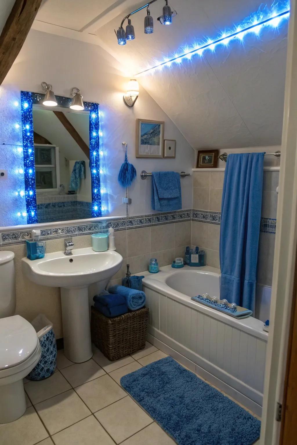 Blue illumination fixtures play a role in a harmonious and modern bathroom design.