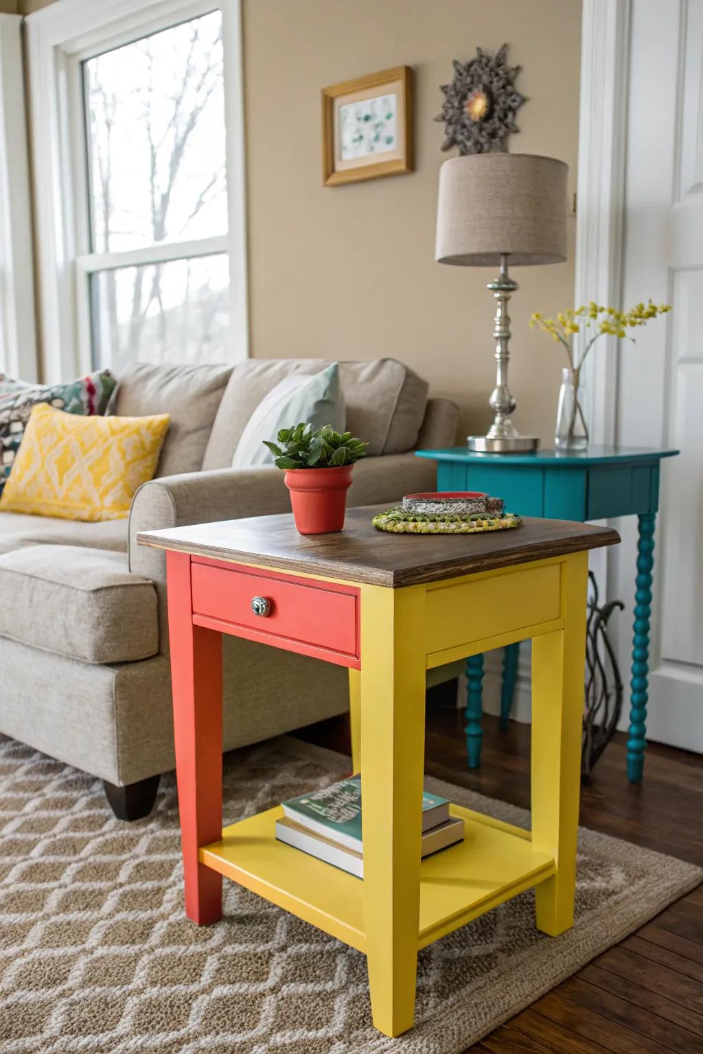 A vibrant end table commands attention in a neutral living room.