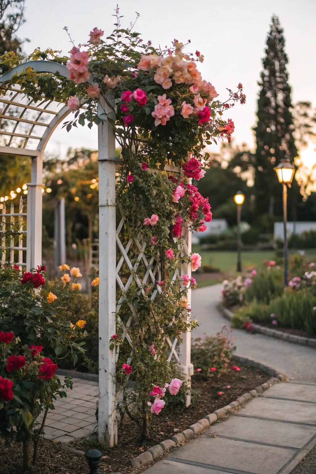 A compact flower garden enhanced by a trellis featuring climbing flowers.