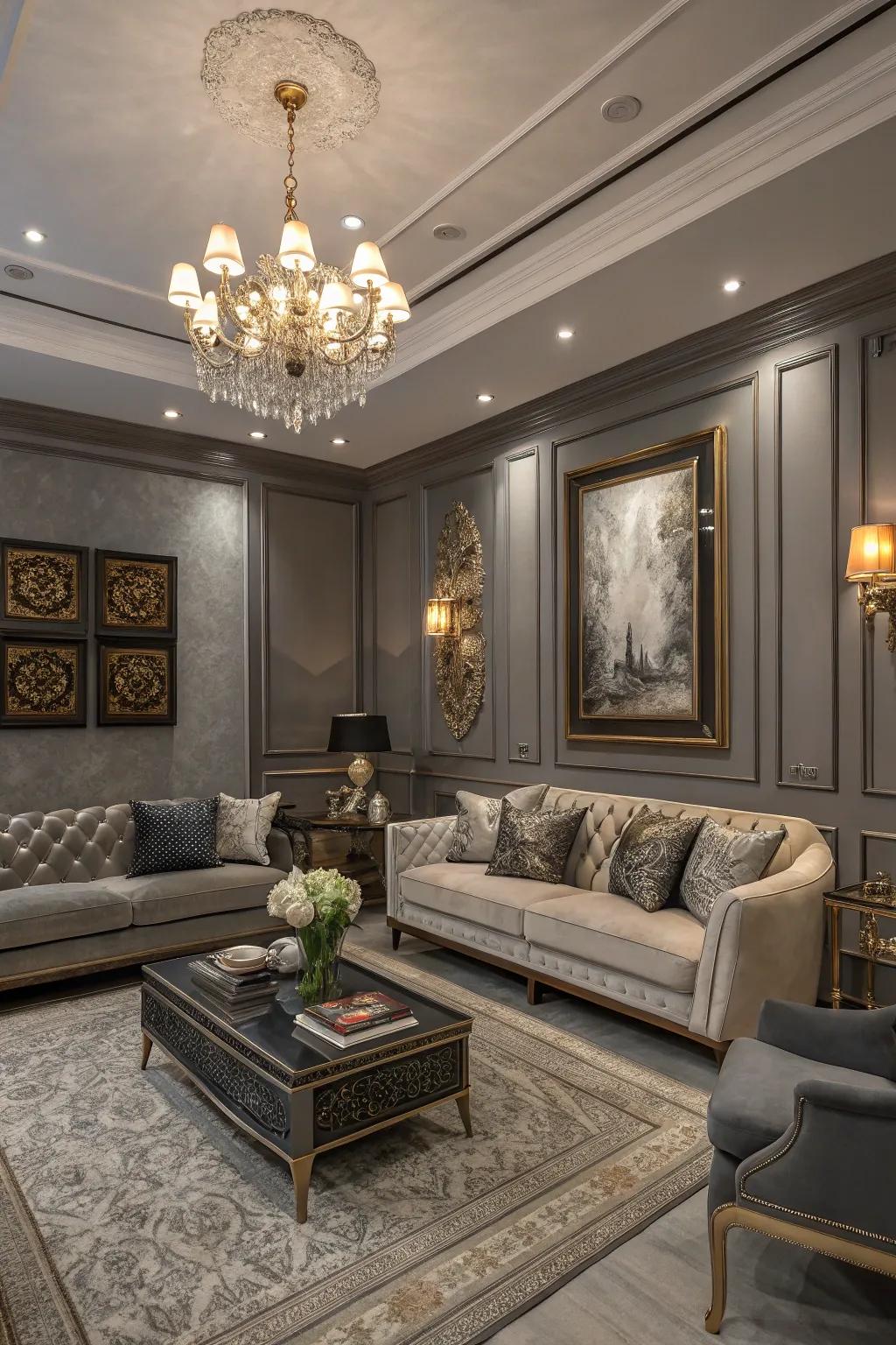 A compact living area with gray walls to impart elegance.