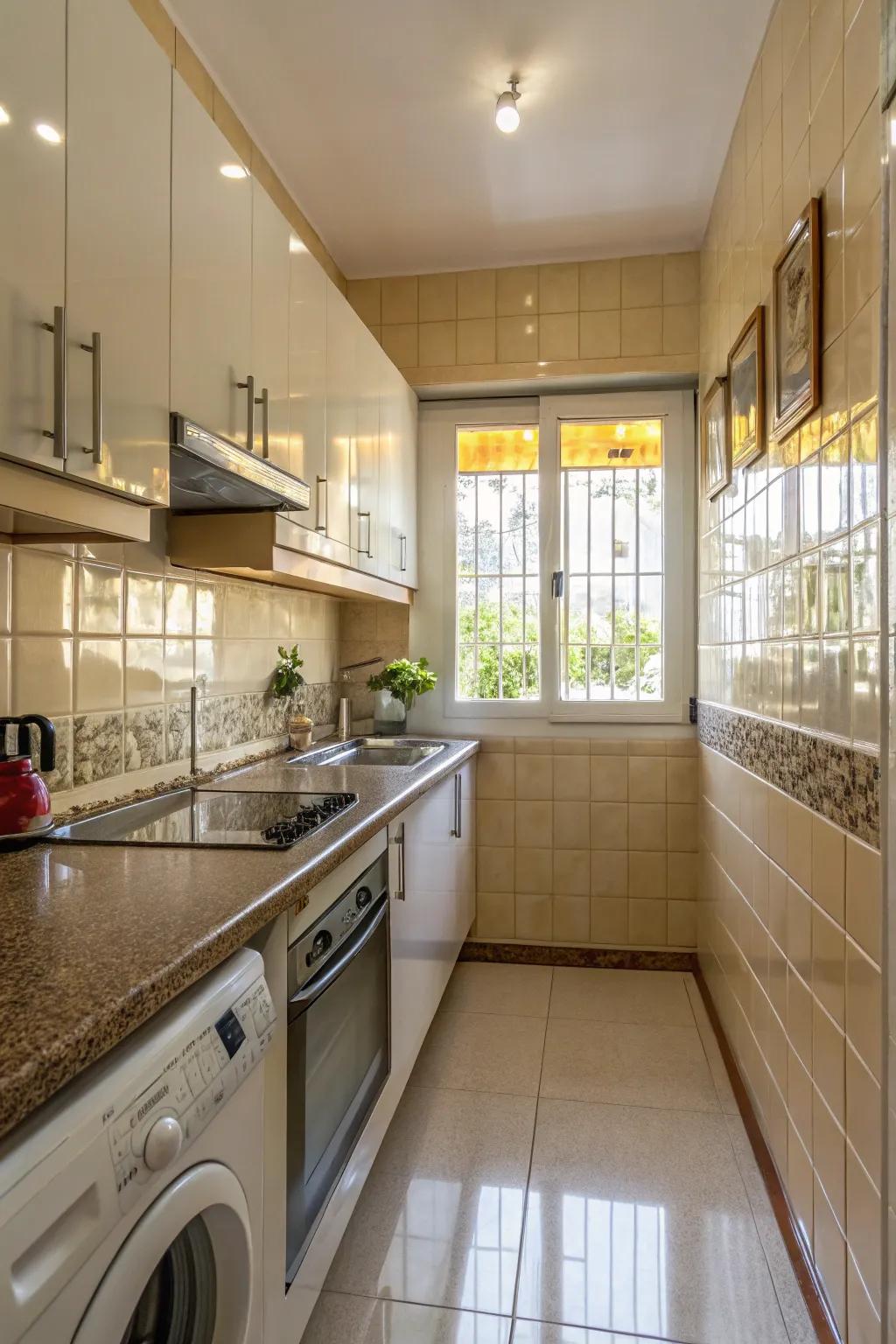 Reflective facades can help your kitchen seem more roomy.
