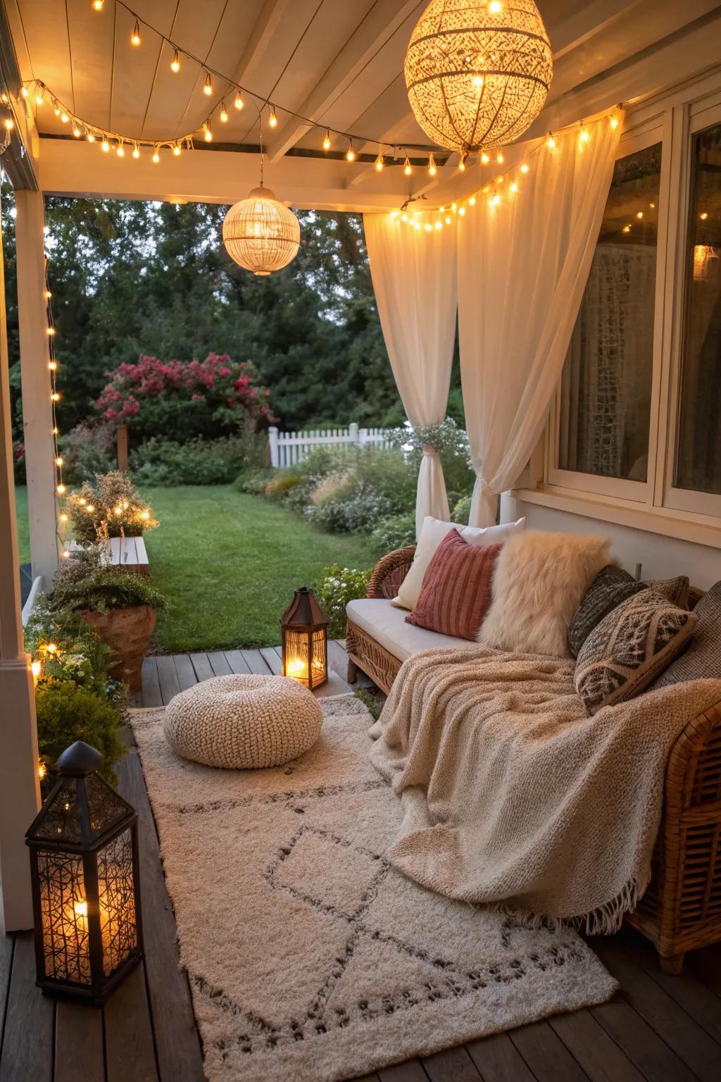 Transform your lanai into a cozy retreat with soft textures and warm lighting.