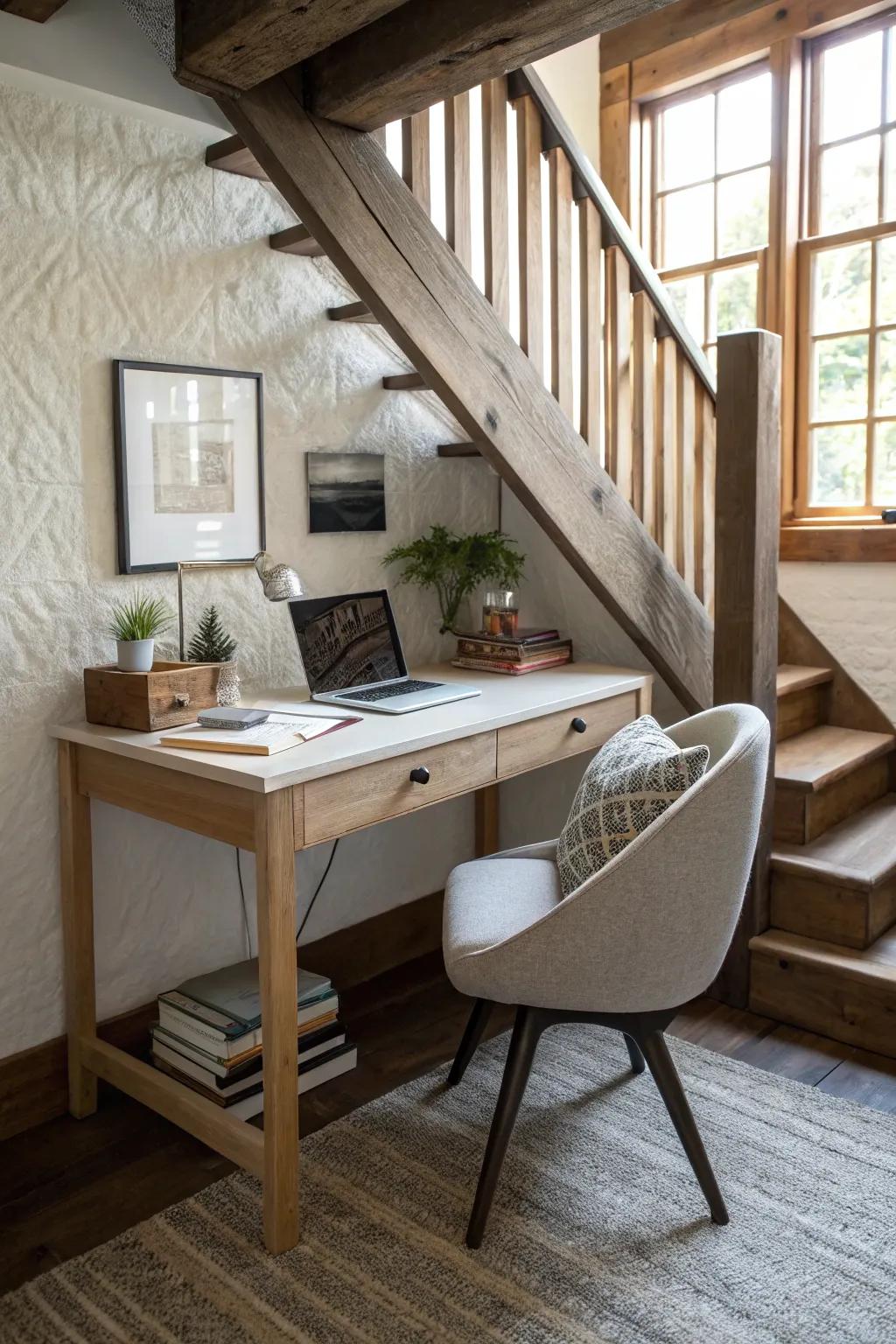 Space under the stairs that has been smartly used as an office.