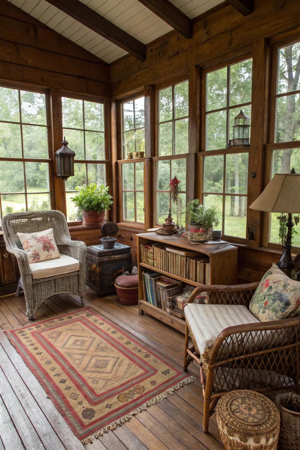 Vintage design pieces add unique character to this country-style sunroom.