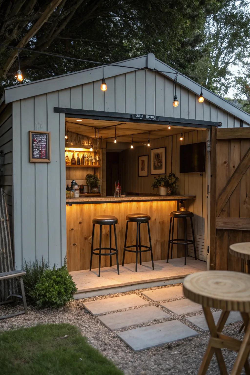 A stylish outdoor bar area in a small shed.