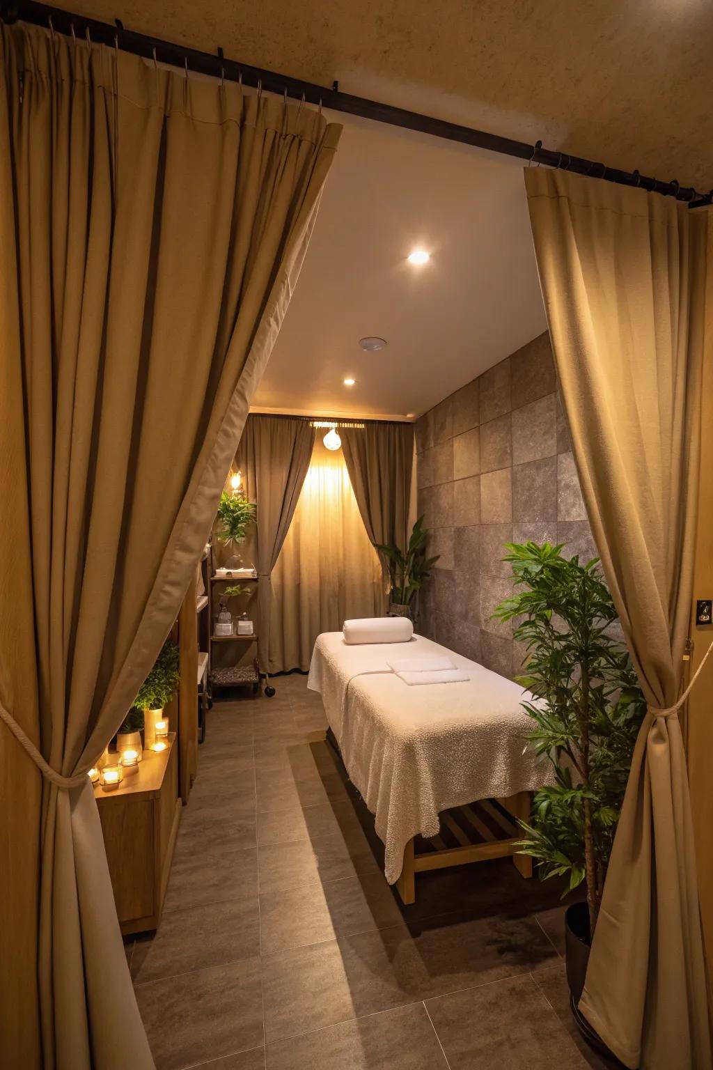 Drapes offer privacy, transforming your massage space into a tranquil getaway.