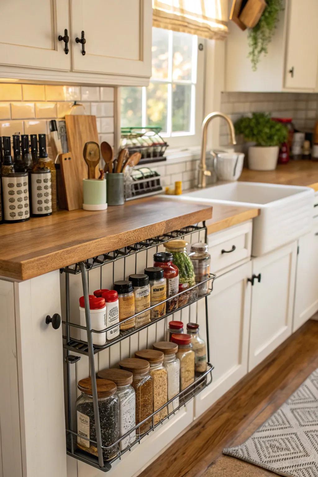Kitchen storage is streamlined by under-cabinet racks.