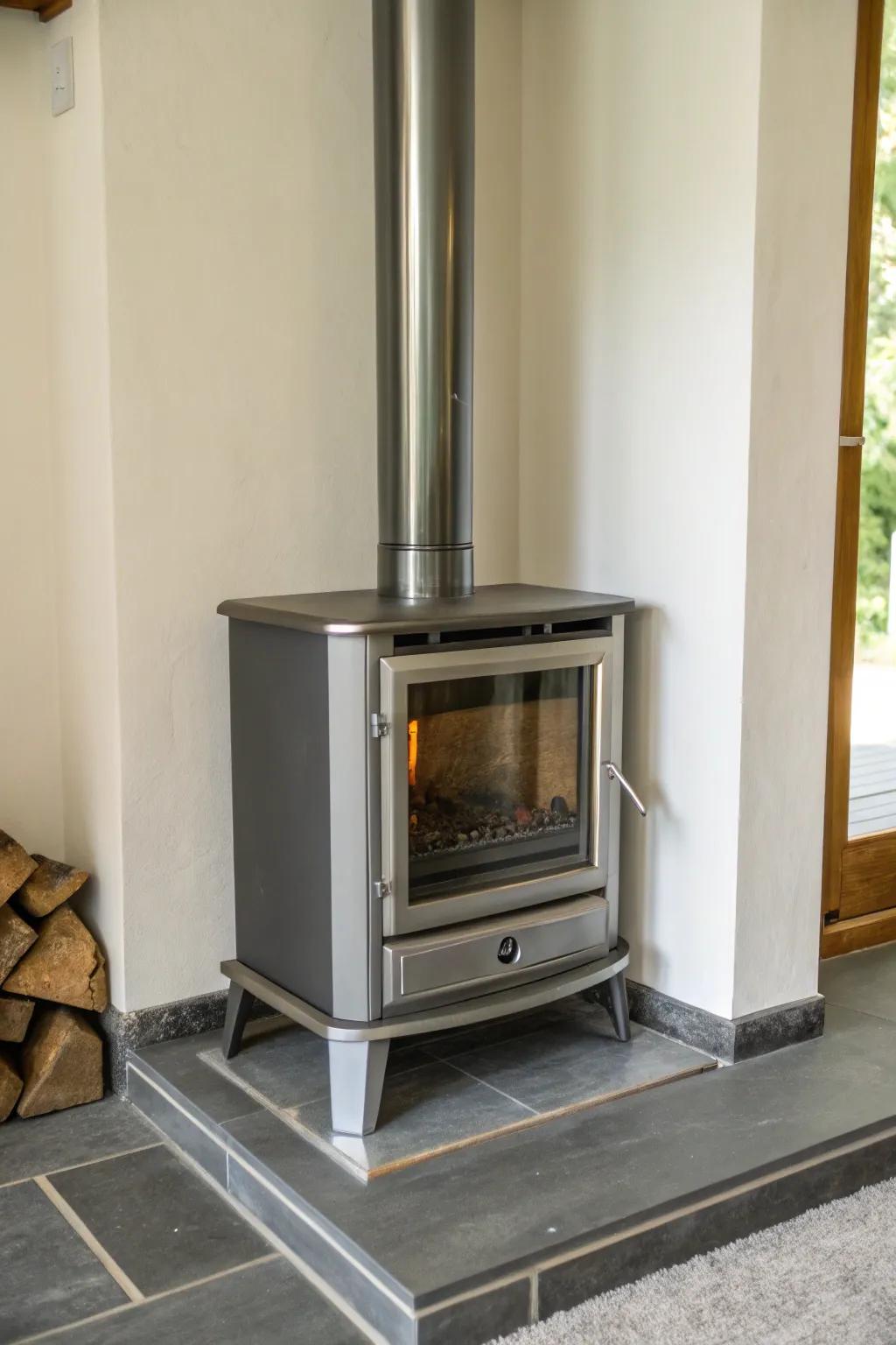A sleek metal surround makes a modern statement with this hearth heater.