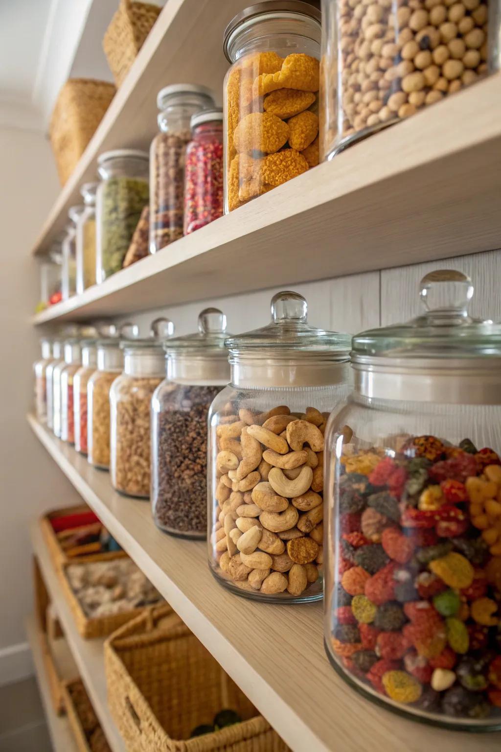 Glass jars provide a stylish and sustainable snack storage solution.